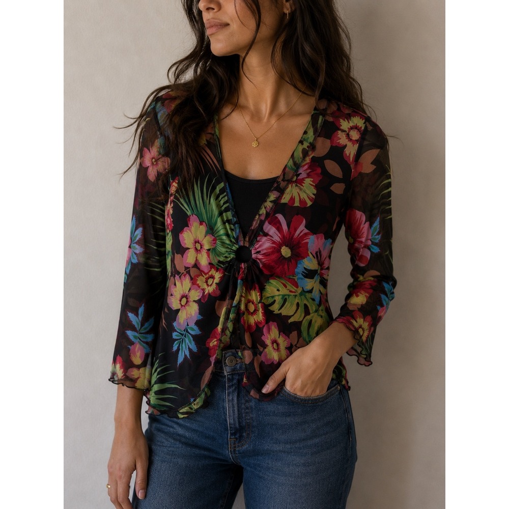Papillon Blanc Multicolor Floral Mesh Top Medium O-Ring Detail Y2K Boho Tropical